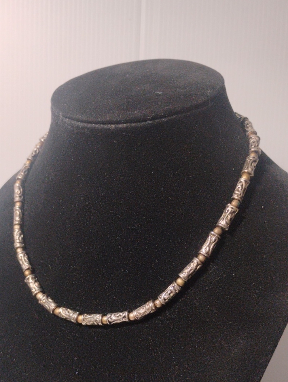 Vintage Tribal Silver & Gold-Tone Tube Bead Necklace 18"